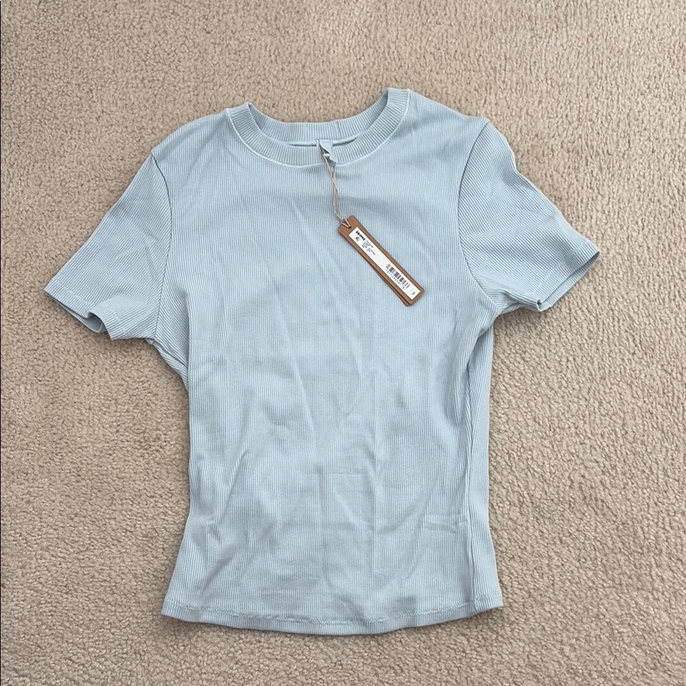 Skims Ribbed Light Blue Short Sleeve Top